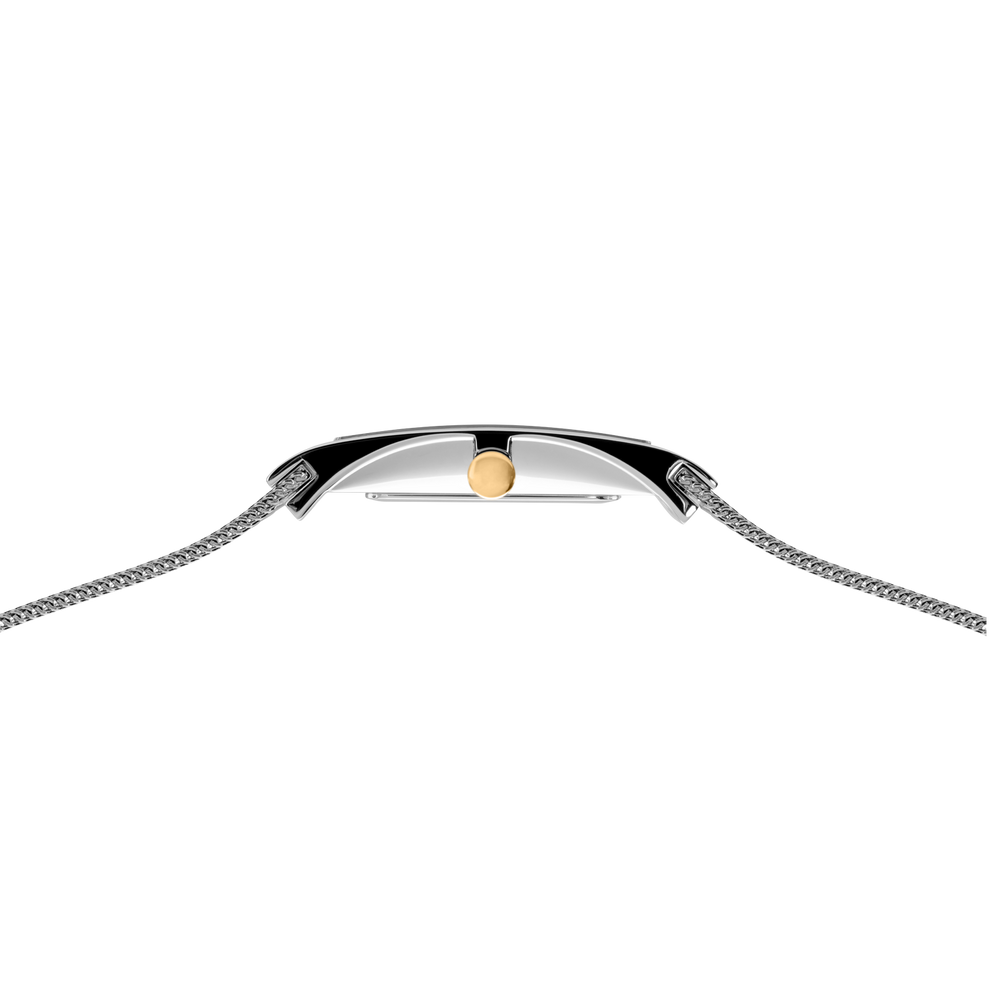 Perfil lateral del reloj con esfera blanca, caja acero y pulsera de malla