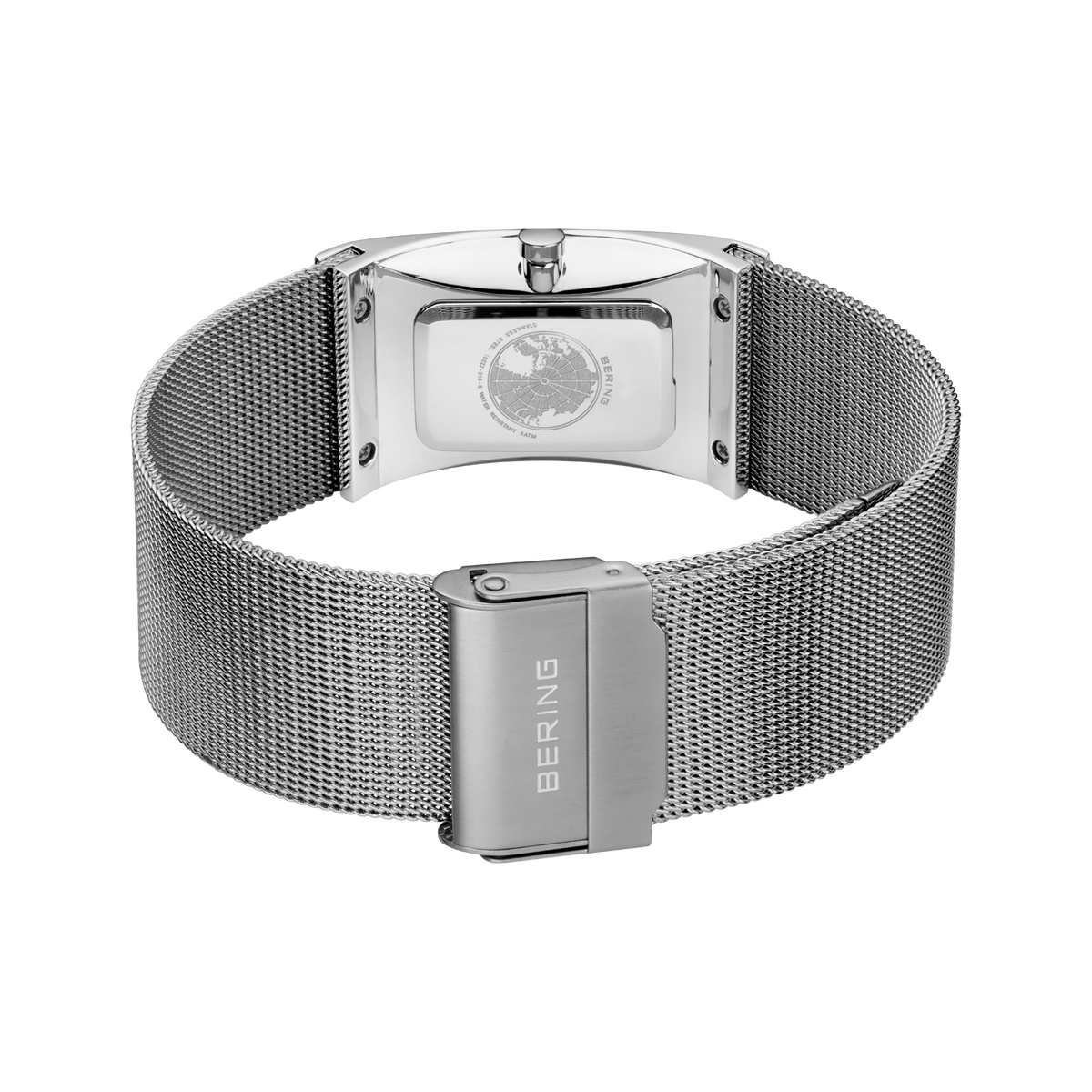 Reloj con pulsera de malla de acero y cierre, vista trasera.