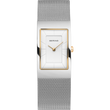 Montre BERING avec cadran rectangulaire blanc, aiguilles dorées et bracelet en maille acier