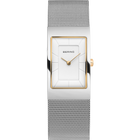 Reloj BERING con esfera rectangular blanca, manecillas doradas y correa de malla de acero
