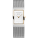 Reloj BERING con esfera rectangular blanca, manecillas doradas y correa de malla de acero