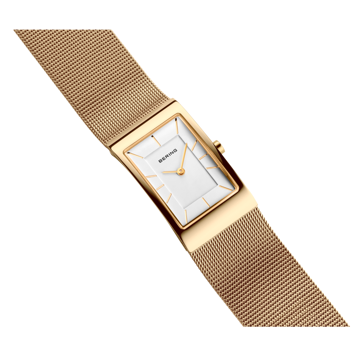 Rechthoekig horloge in goudtoon met witte wijzerplaat en mesh-armband.