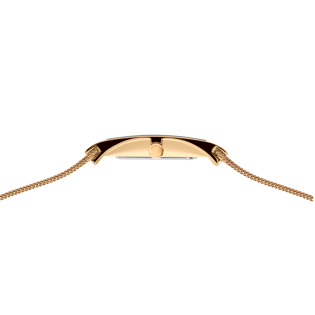Rosé gouden horloge met crème wijzerplaat en mesh band, van bovenaf
