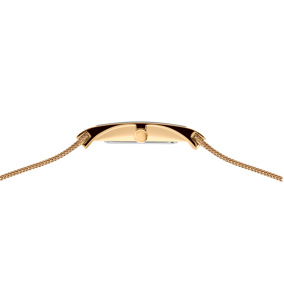 Rosé gouden horloge met crème wijzerplaat en mesh band, van bovenaf