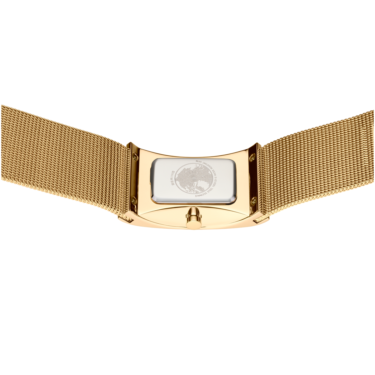 Rechthoekige horloge met gouden mesh-armband, achterkant met sluiting in het midden