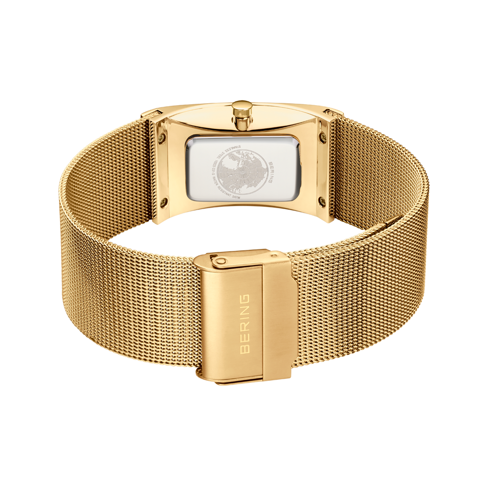 Goudkleurig mesh-armband met rechthoekige wijzerplaat en magnetische sluiting