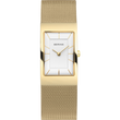 Gold rectangular wristwatch with white dial, BERING branding, and matching mesh bracelet.