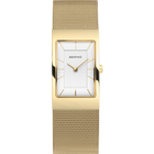 Goudkleurig horloge met rechthoekige kast, wit wijzerplaat, BERING-tekst en mesh-band.
