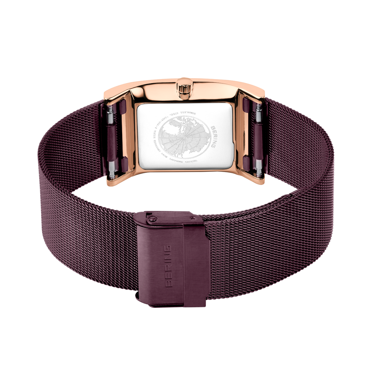 Reloj rectangular con caja abierta oro rosa y correa malla burdeos