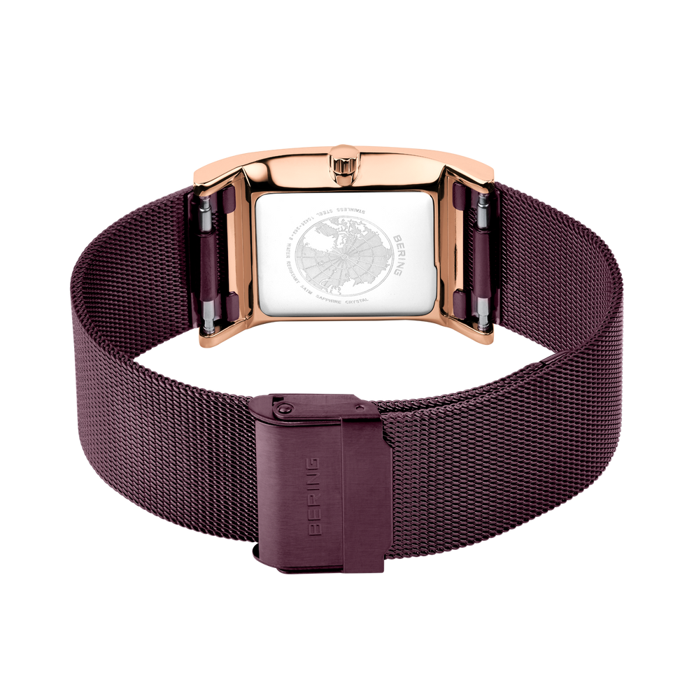 Reloj rectangular con caja abierta oro rosa y correa malla burdeos