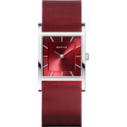 Vierkant BERING-horloge met rood wijzerplaat, staafindices en mesh-bandje
