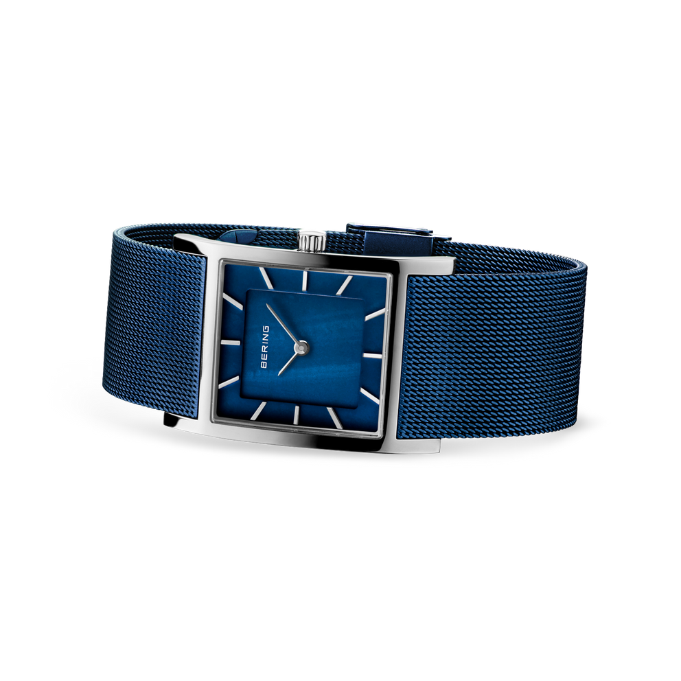 Marineblauw metalen mesh band met zilveren rechthoekig kast en blauwijzerplaat