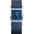 Orologio BERING quadrato, quadrante blu, marcatori orari bianchi, cassa argentata, cinturino mesh blu.