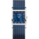 Vierkant BERING horloge met blauwe wijzerplaat, witte uurmarkeringen, zilveren kast en mesh-band blauw.