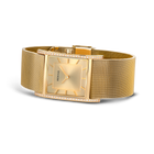 Square champagne dial with mesh bracelet, shown at side angle