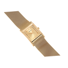 Square gold wristwatch with mesh band, displayed at an angle on white background.