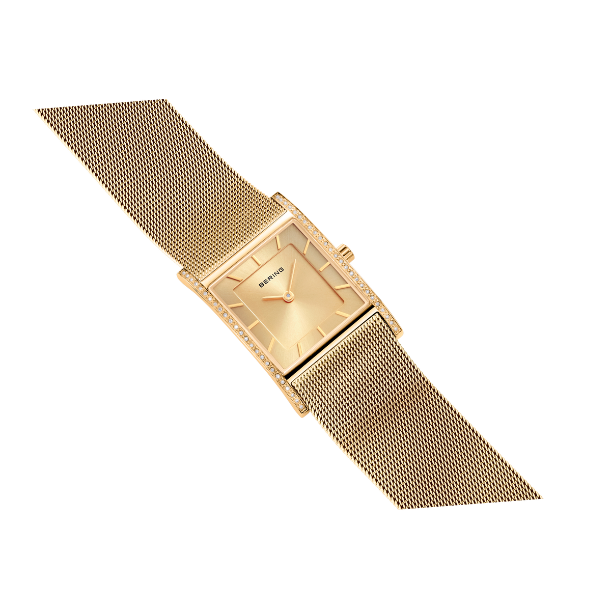 Square gold wristwatch with mesh band, displayed at an angle on white background.