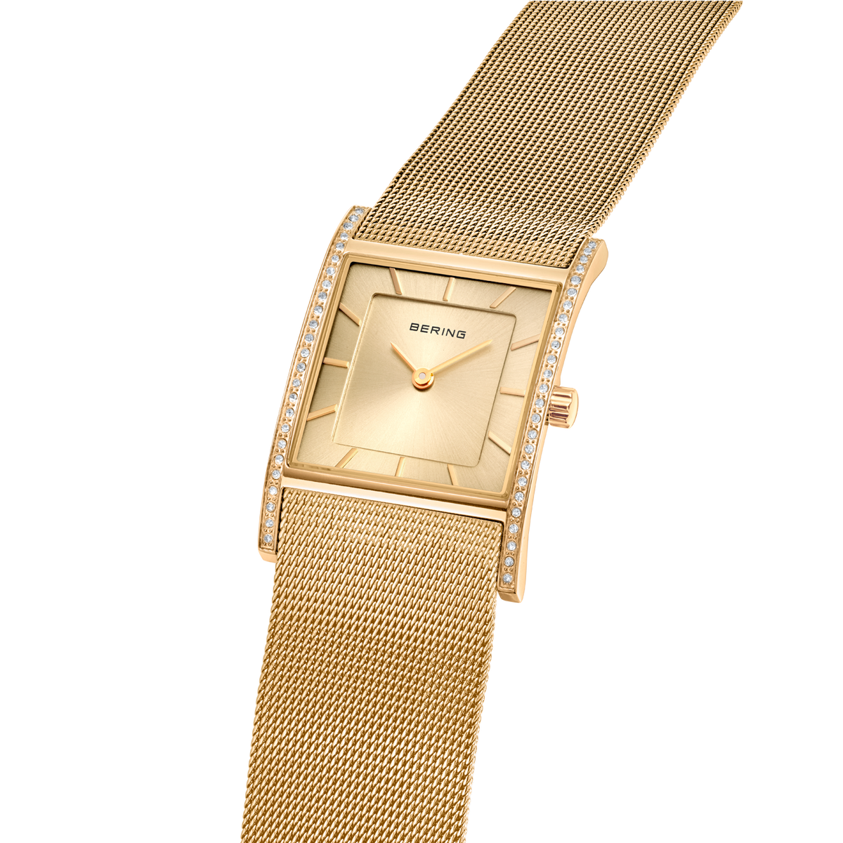 Square BERING watch with champagne dial and refined gold mesh bracelet, side-angle view