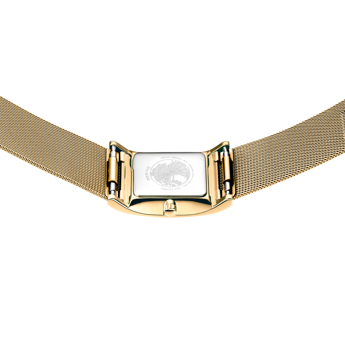 Champagne mesh band with gold-tone rectangular folding clasp and white watch face