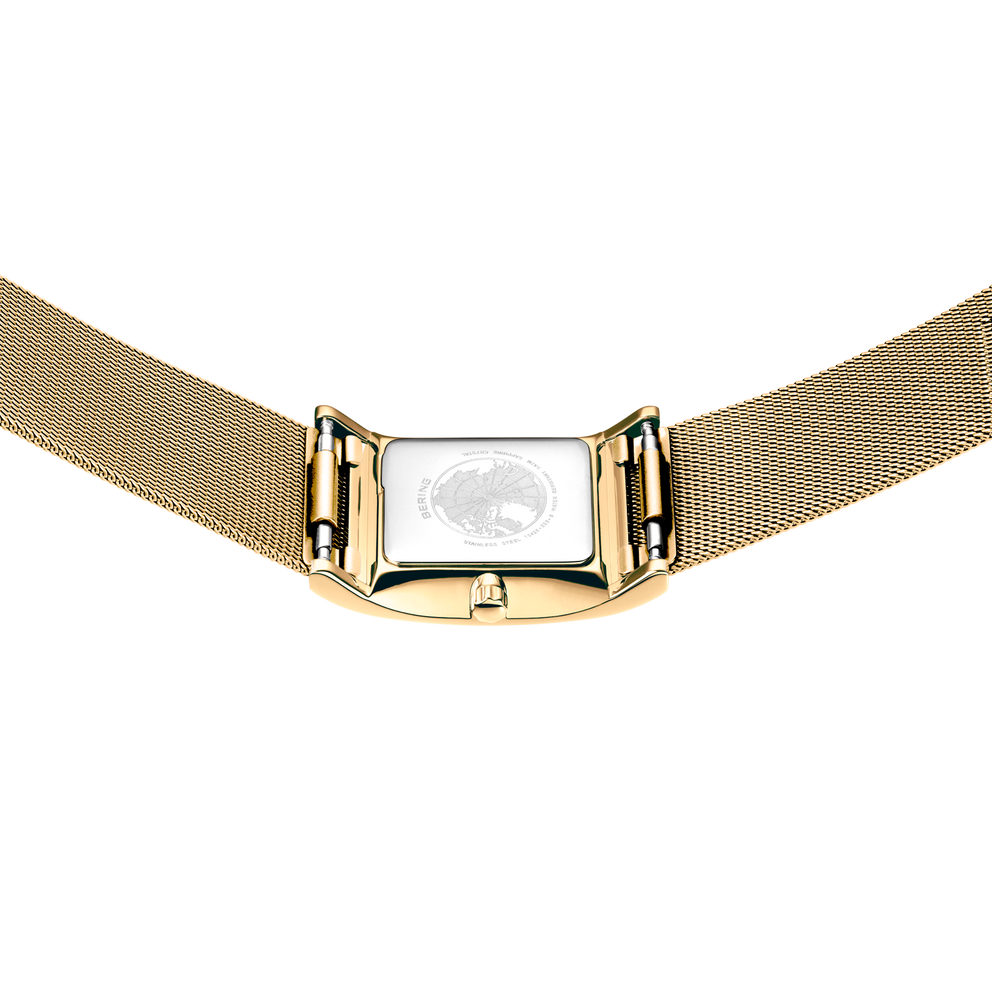 Champagne mesh band with gold-tone rectangular folding clasp and white watch face