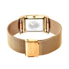 Gold-tone watch with mesh band and rectangular dial featuring circular design