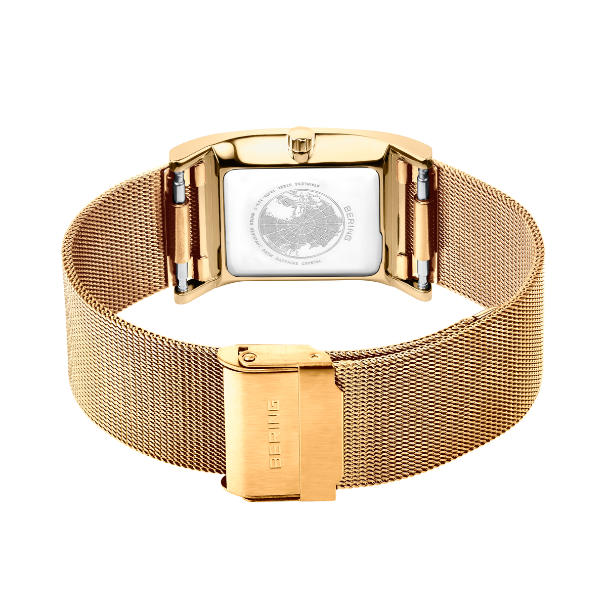 Gold-tone watch with mesh band and rectangular dial featuring circular design