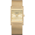 Gold square wristwatch with champagne dial and mesh bracelet, viewed front-on