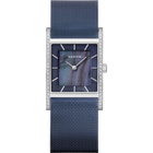 BERING vierkant horloge met strass-bezel, donkere wijzerplaat en blauw mesh-bandje