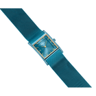 Rechthoekig blauwgroen horloge met mesh-band en gouden details, schuine weergave