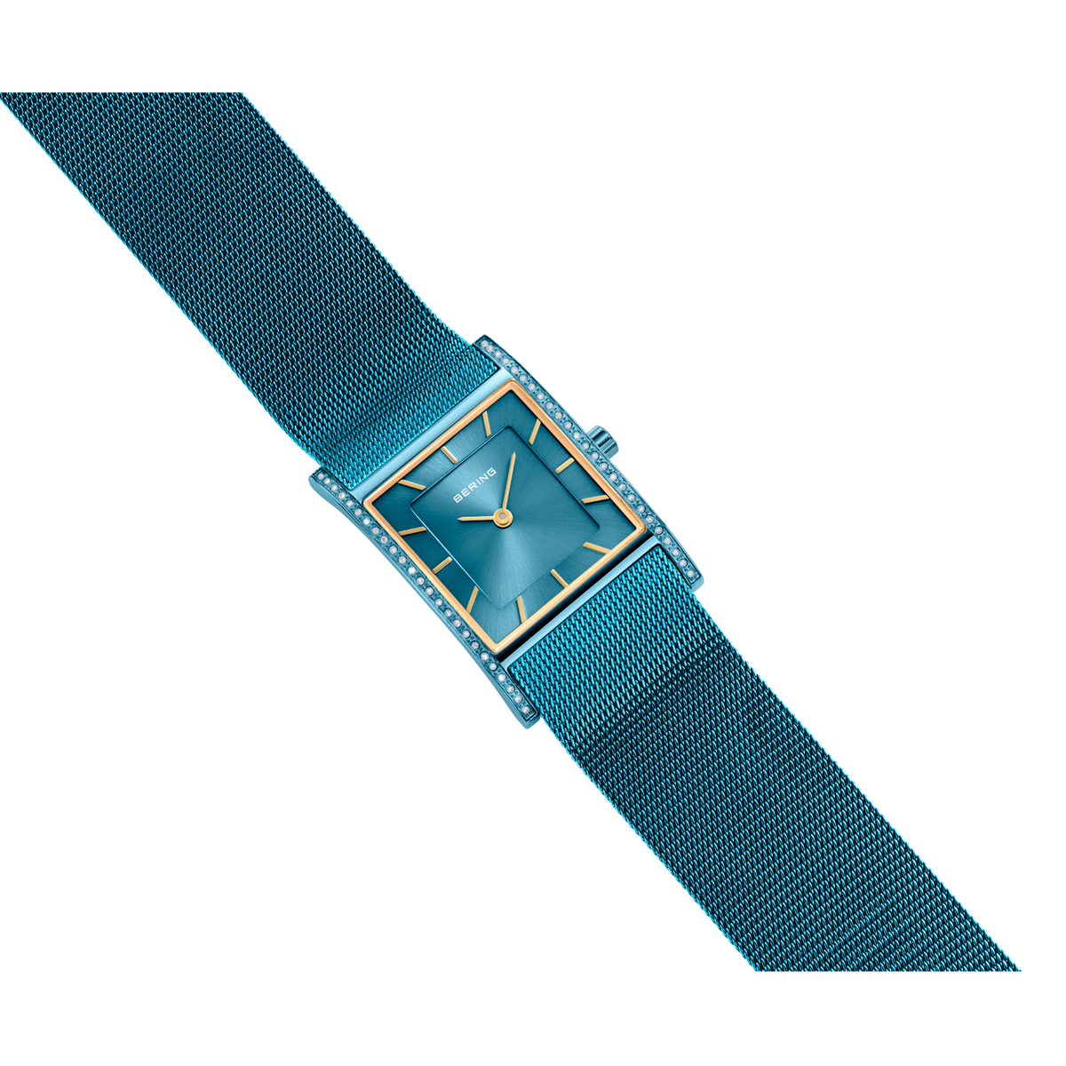 Rechthoekig blauwgroen horloge met mesh-band en gouden details, schuine weergave