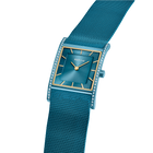 Rechthoekig BERING horloge met tealblauw wijzerplaat, gouden indexen en wijzers, blauwe maille-band en kristallen
