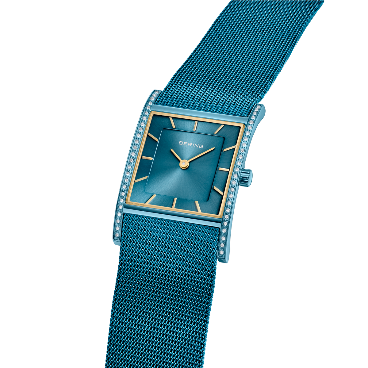 Rechthoekig BERING horloge met tealblauw wijzerplaat, gouden indexen en wijzers, blauwe maille-band en kristallen