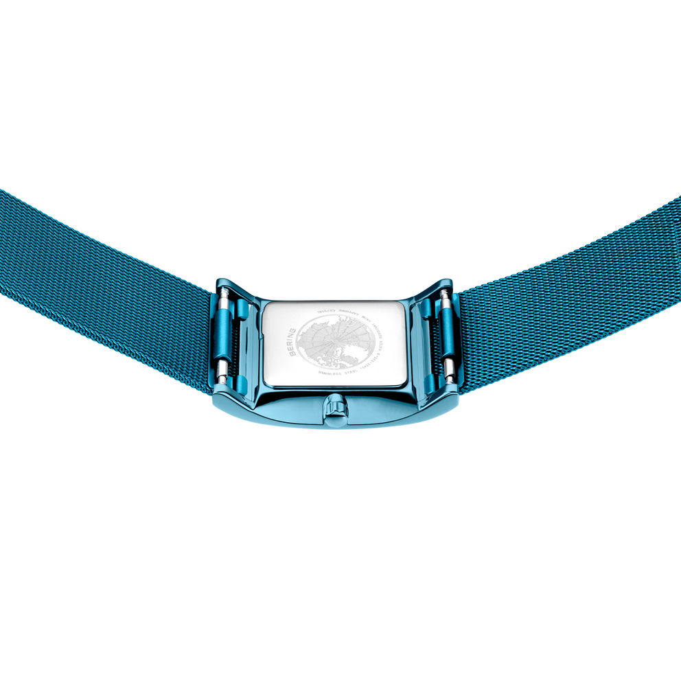 Turquoise rechthoekig horloge met wit wijzerplaat, bovenaanzicht van de bandbevestigingen