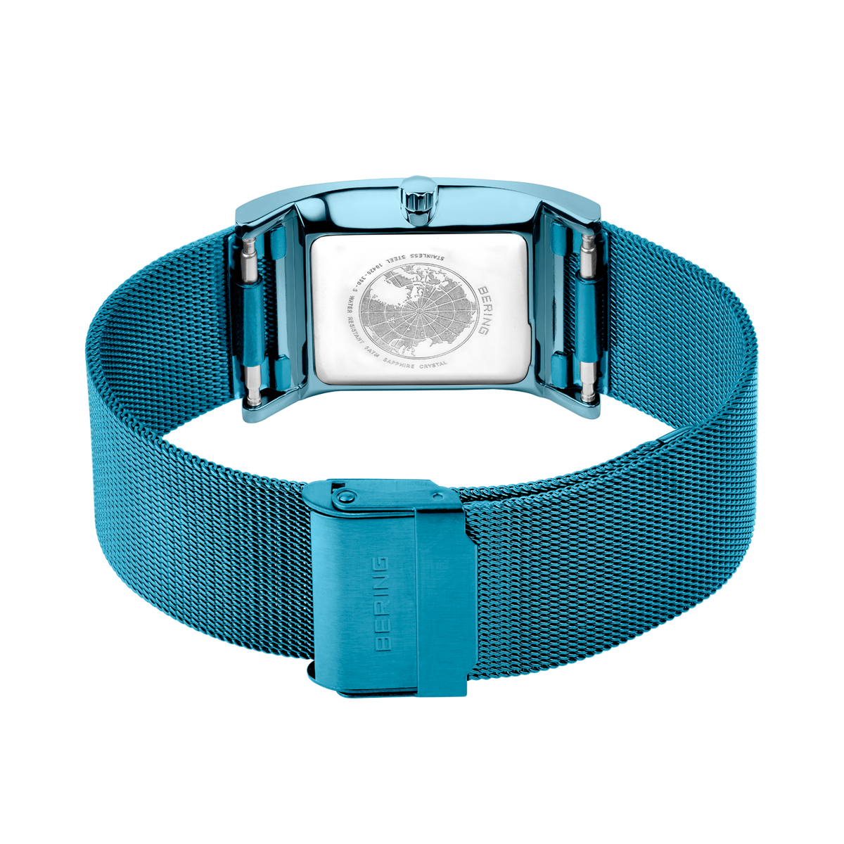 BERING horloge met turquoise mesh-band, vierkante wijzerplaat met wereldkaartontwerp, aanzicht van bovenaf