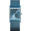 Orologio BERING rettangolare, quadrante blu scuro, marcatori dorati, cassa acciaio blu, cinturino mesh.