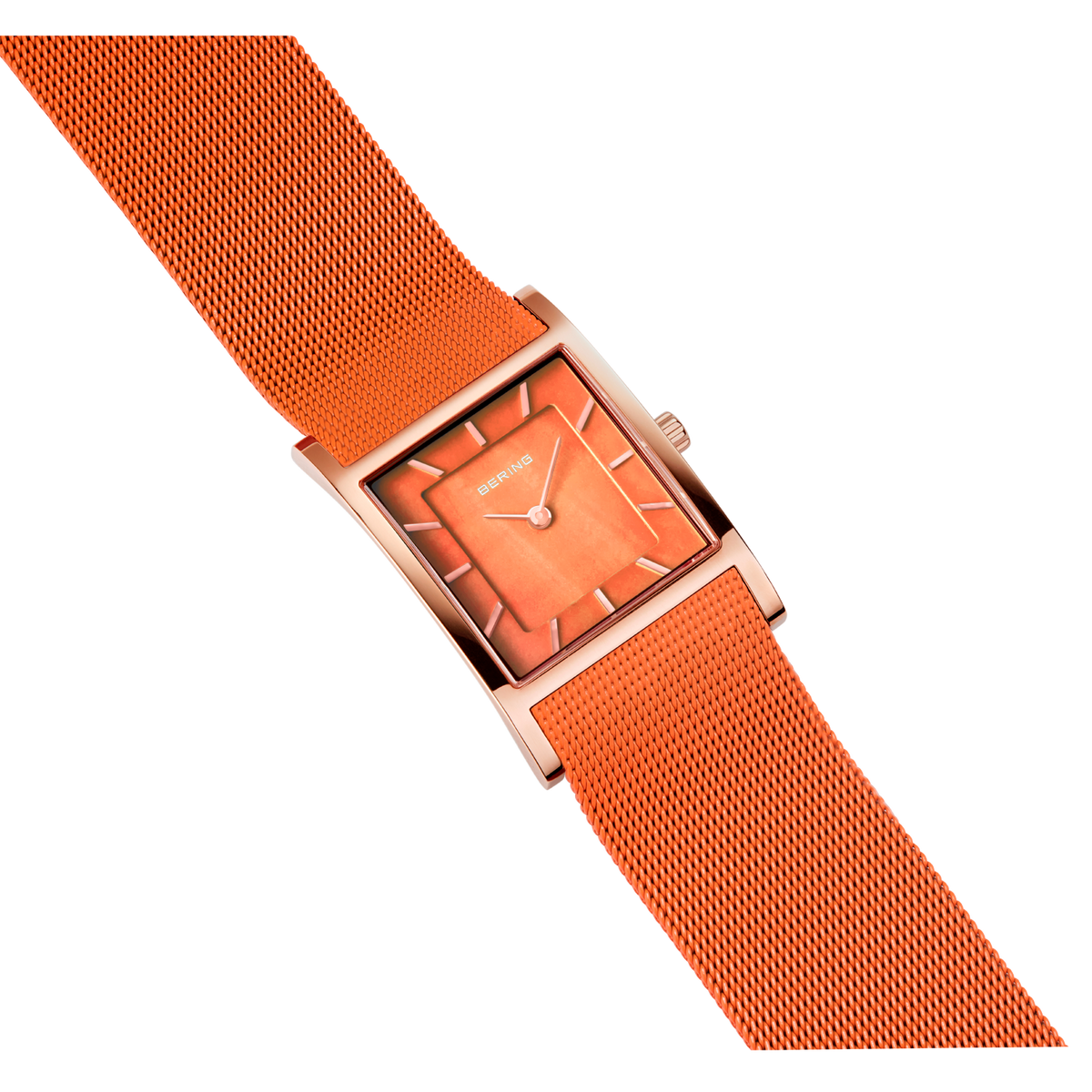 Reloj cuadrado con esfera naranja y pulsera textil estructurada, vista lateral
