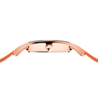 Reloj de oro rosa con correa naranja estampada, vista lateral.