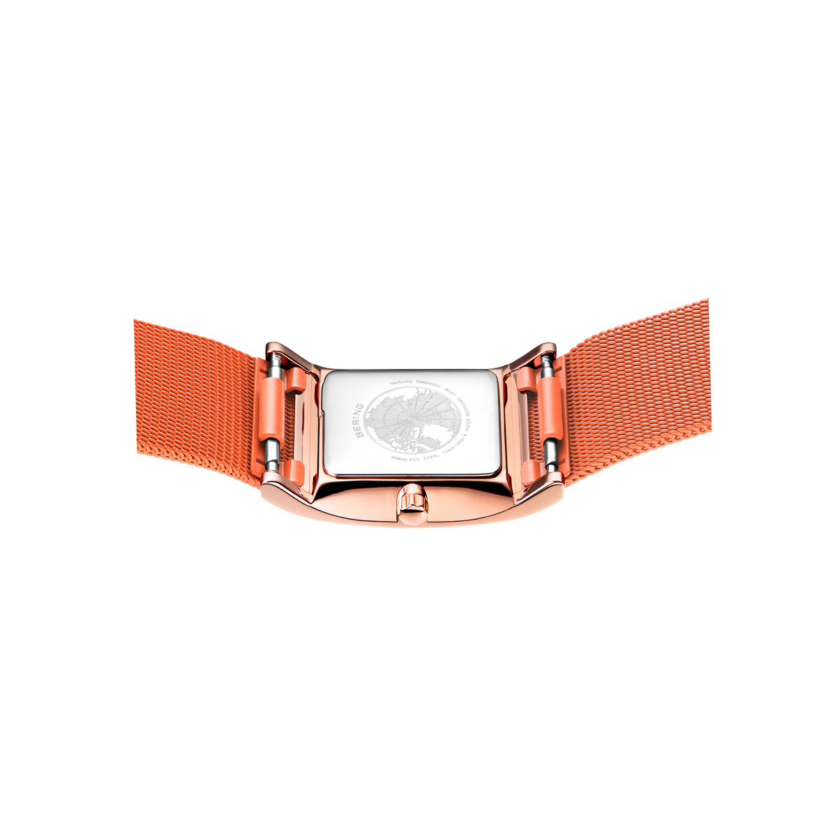 Reloj de pulsera con caja de oro rosa y correa de malla naranja, fotografiado desde arriba con correa extendida