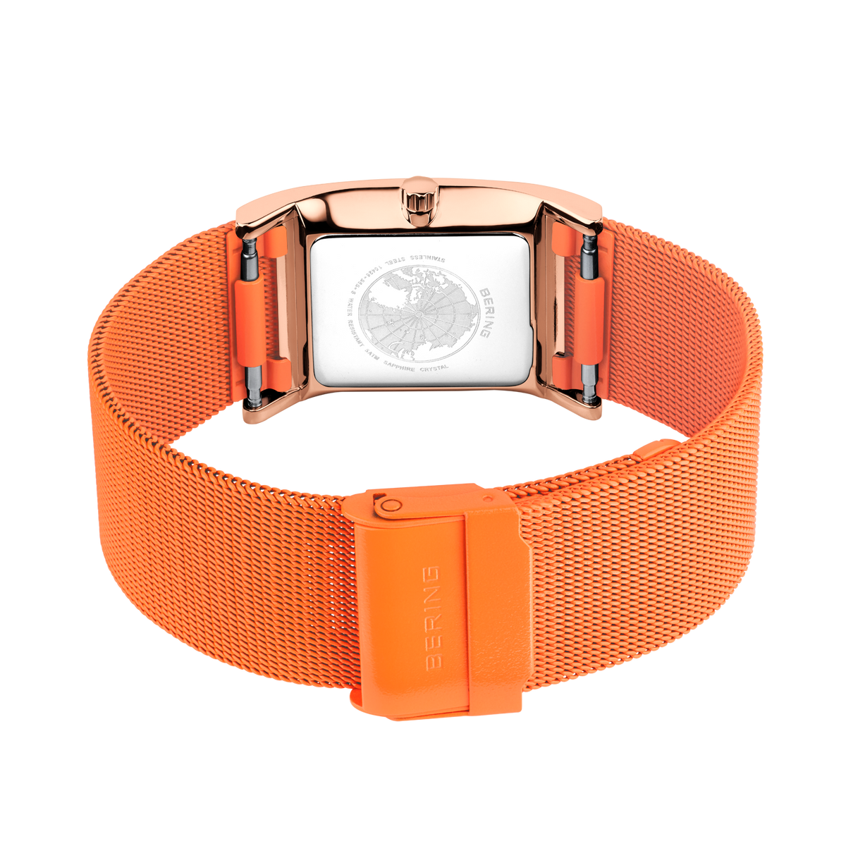 Reloj BERING con esfera rectangular blanca y pulsera de malla naranja con cierre color oro rosa