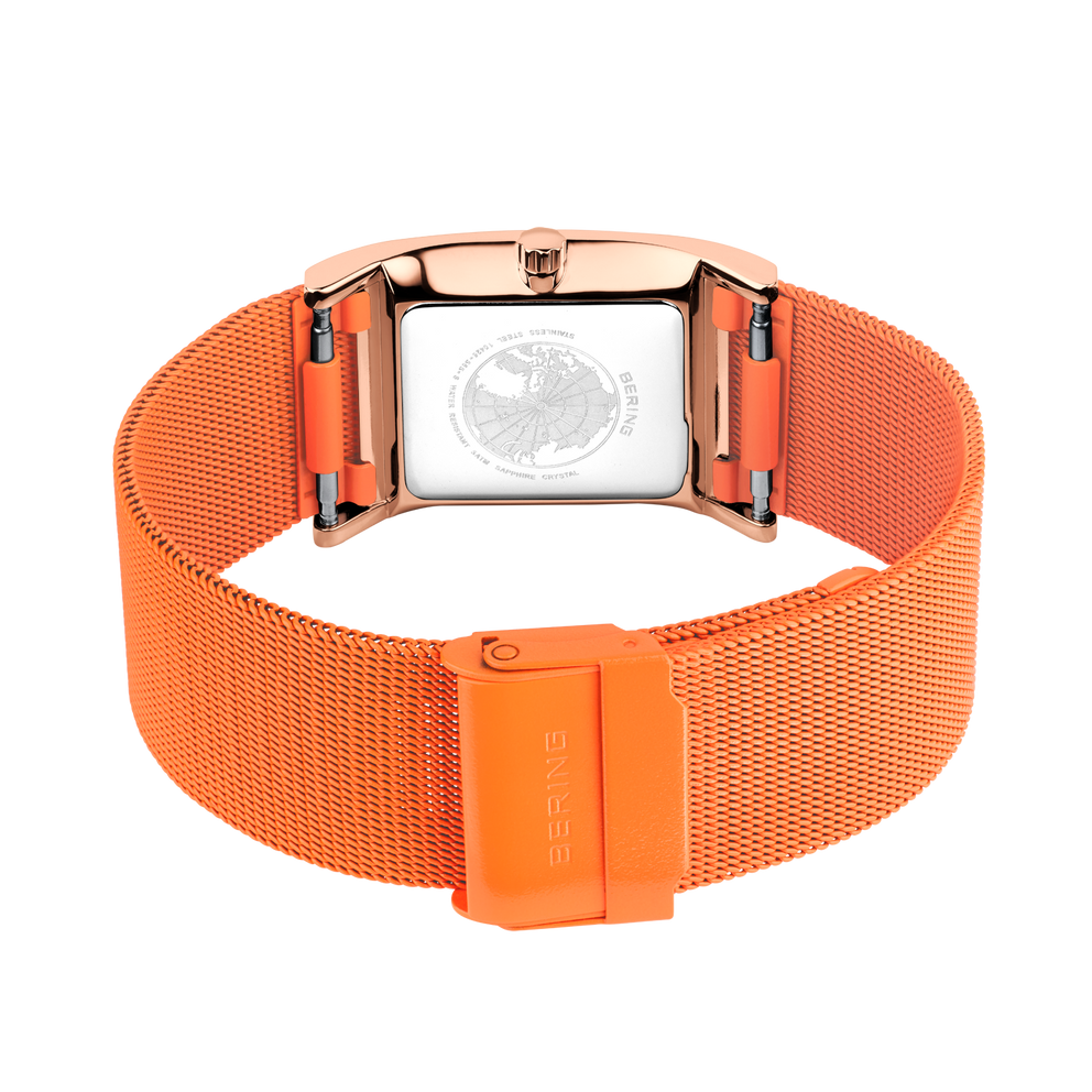 Reloj BERING con esfera rectangular blanca y pulsera de malla naranja con cierre color oro rosa