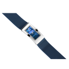 Rectangle watch with blue dial and silver case on dark blue mesh band, shown at angle