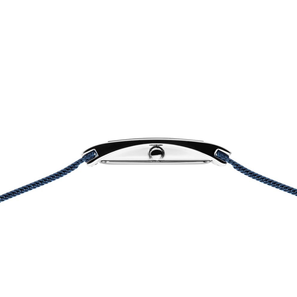 Watch with blue woven fabric strap, viewed from above showing case profile and lugs