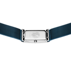 Watch with rectangular light dial, dark blue fabric strap, and silver-tone metal case, top view.