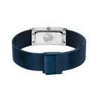Watch with navy metal mesh band and rectangular white face