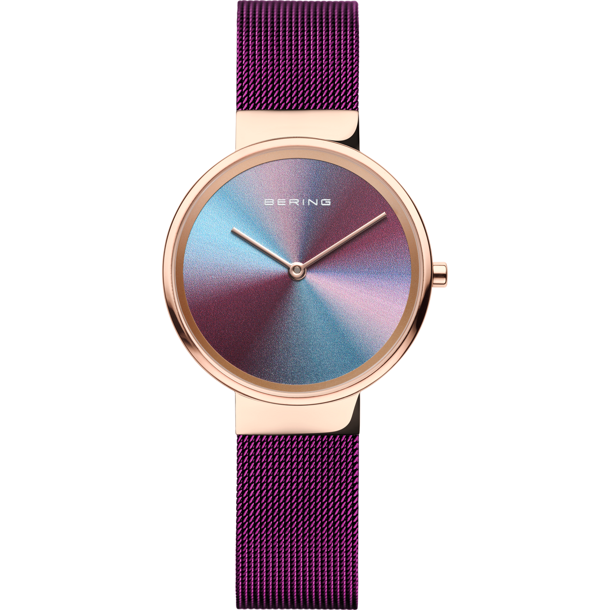 Reloj BERING Anniversary con caja de oro rosa, esfera iridiscente degradada y correa malla púrpura.