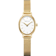 Reloj de pulsera dorado con caja ovalada, esfera blanca y correa de malla
