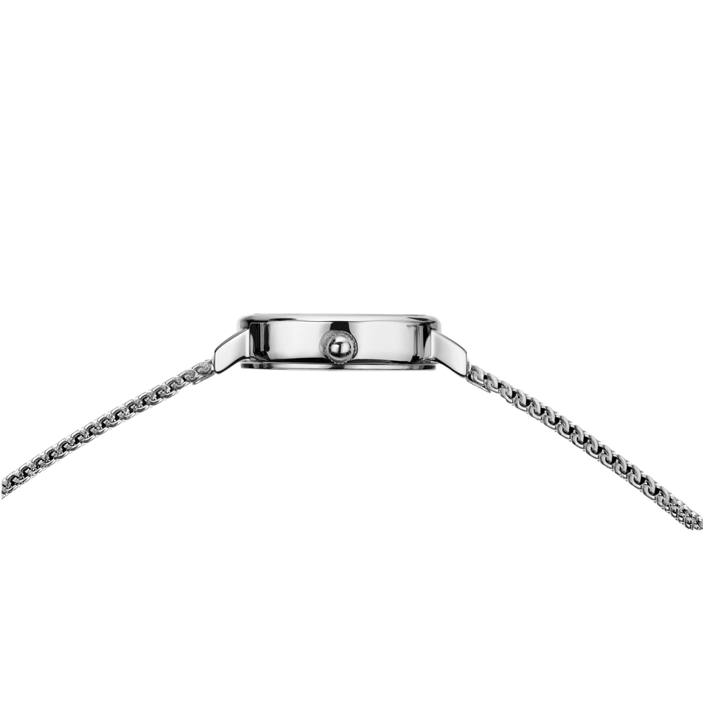 Montre en acier inoxydable avec boîtier rectangulaire et bracelet à mailles, vue de profil de dessus