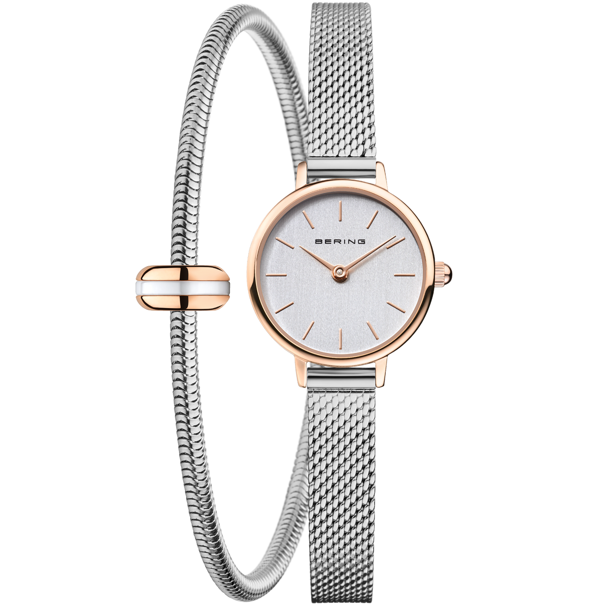 Reloj BERING con caja redonda de oro rosado, esfera blanca en brazalete de malla, con pulsera a juego