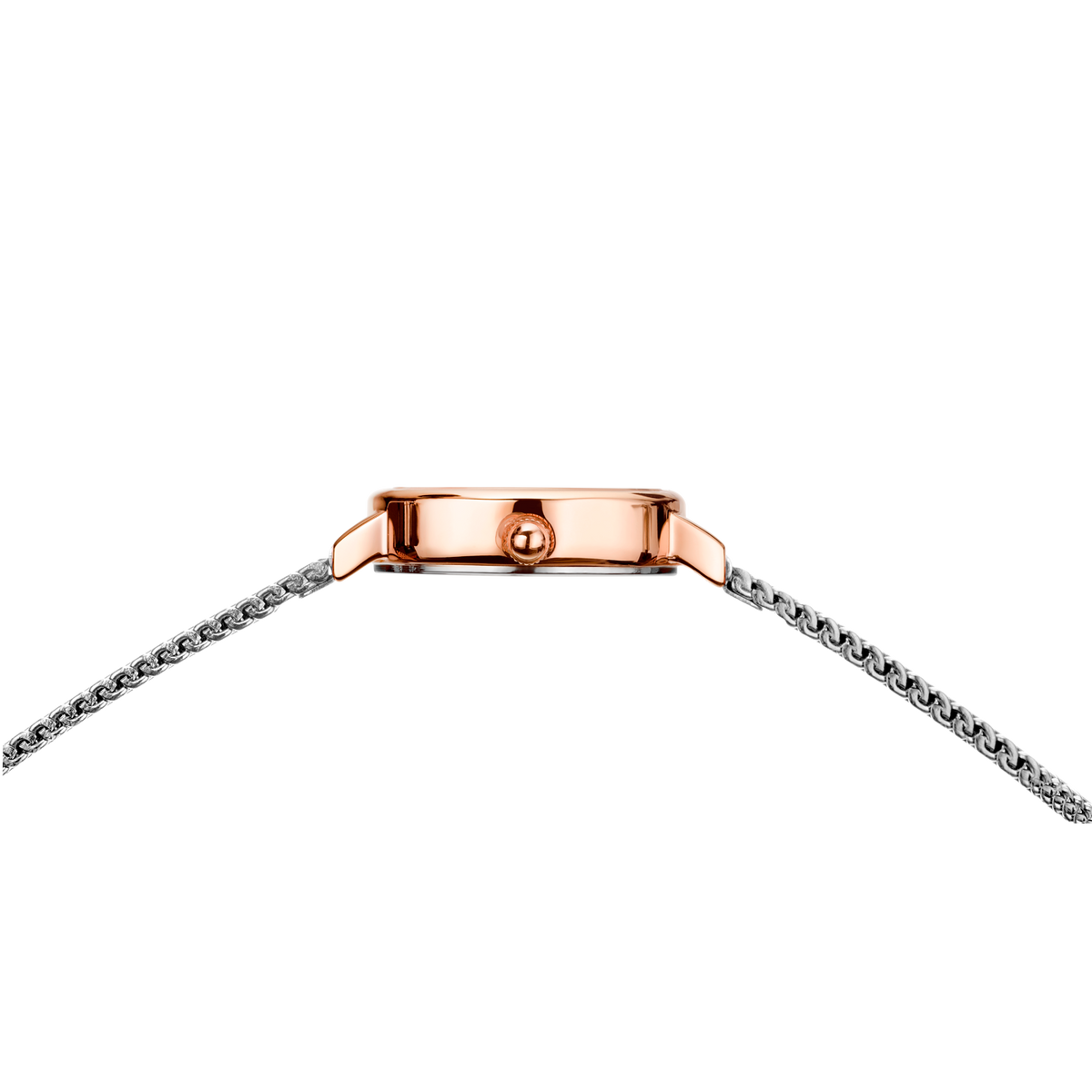 Reloj rectangular elegante con caja de oro rosa y correas de cadena en oro rosa y plata, vista desde arriba.