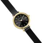 Round BERING wristwatch at angled view: gold case, black dial with thin hour markers, gold-tone hands, black mesh band.